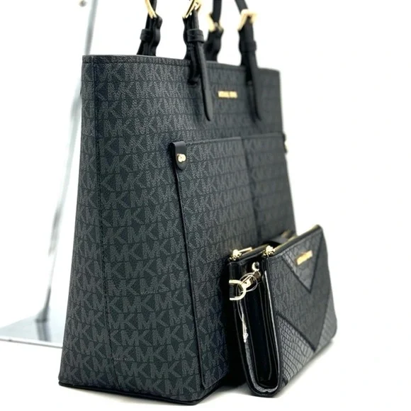 Michael Kors Jet Set Medium Pocket Tote Bag & Double Zip Wallet Black Multi